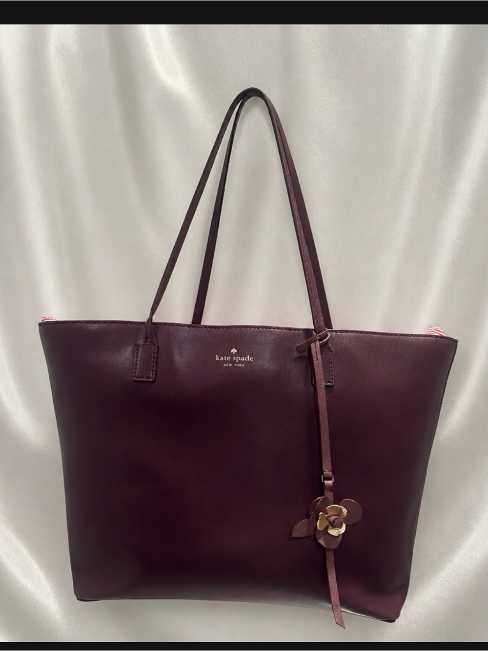 kate spade Plum Leather Tote with Floral Charm EUC
